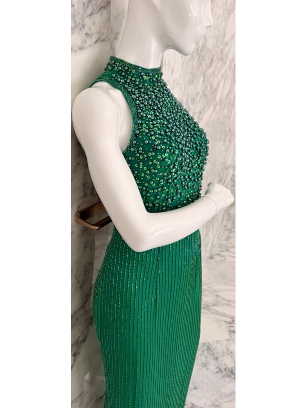Vintage Alyce Designs Silk Gown Size 8 Emerald Green Beaded Sequin Open Back